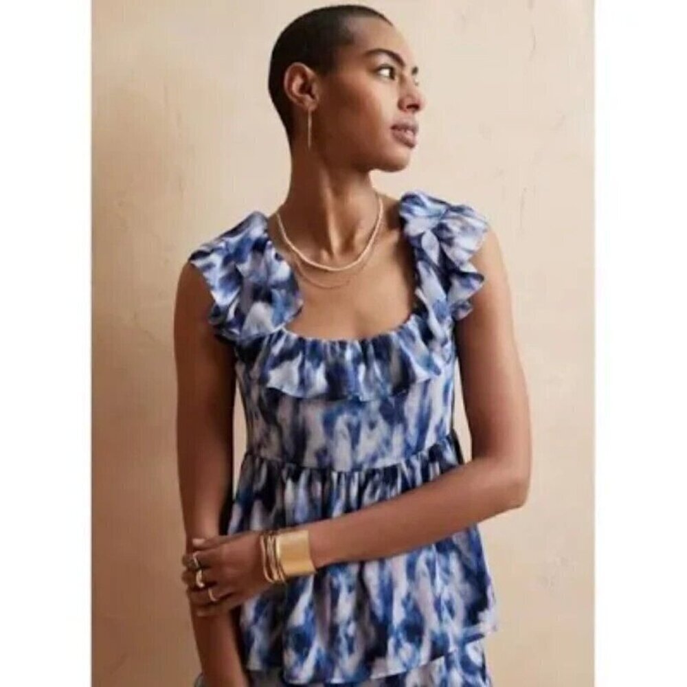 NEW BANANA REPUBLIC FLOWY BLUE & WHITE RUFFLED BLOUSE XSMALL